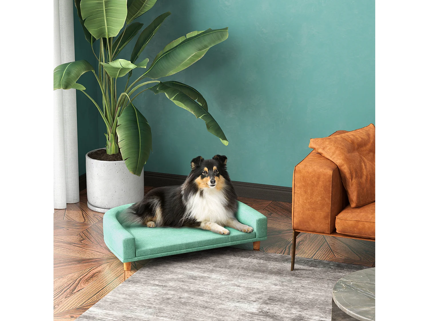 Canapé chien lit pour chien design scandinave coussin déhoussable dim 98L x 67l x 25H cm pieds bois tissu polyester vert