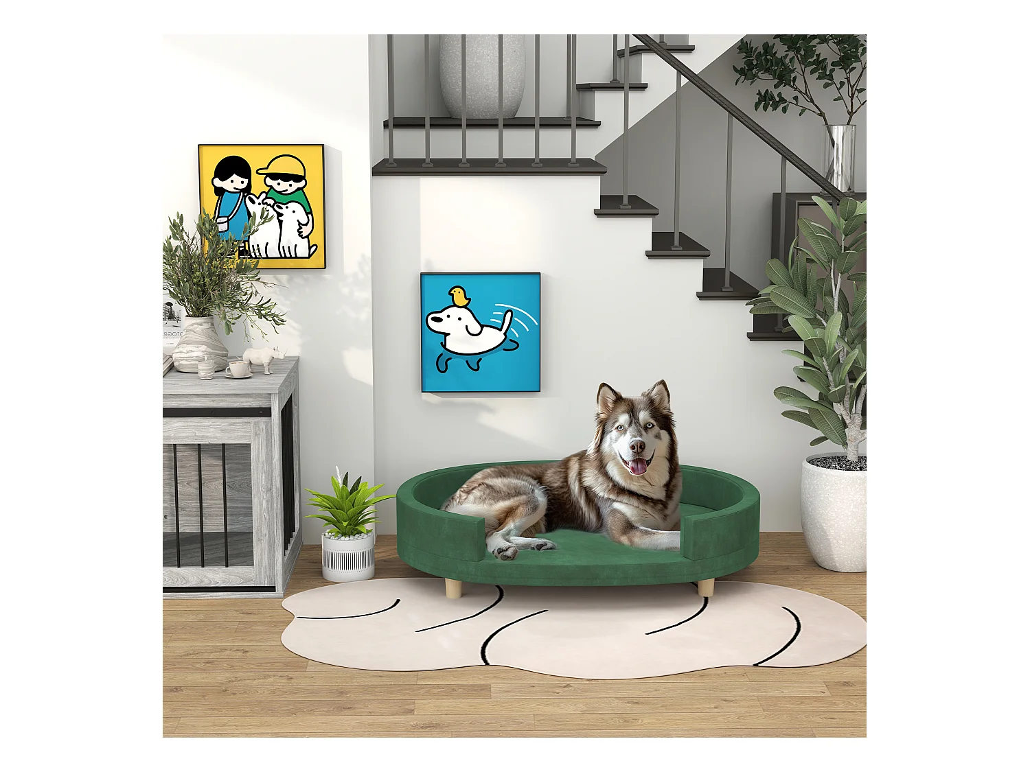 Canapé chien style nordique grande taille dim. 100L x 70l x 25H cm  - coussin amovible - piètement bois velours vert