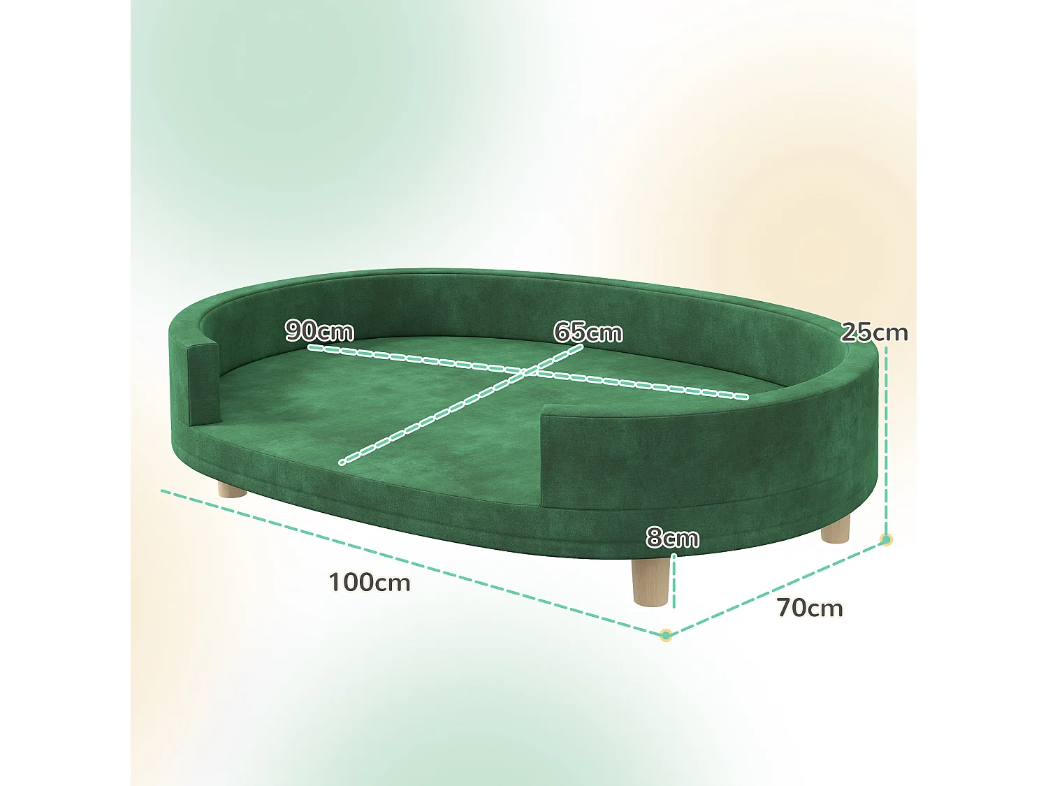 Canapé chien style nordique grande taille dim. 100L x 70l x 25H cm  - coussin amovible - piètement bois velours vert