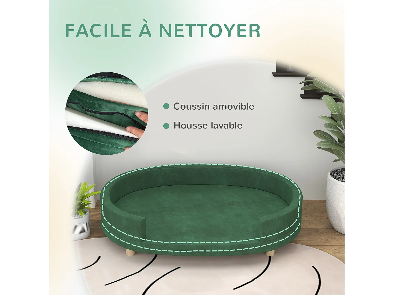 Canapé chien style nordique grande taille dim. 100L x 70l x 25H cm  - coussin amovible - piètement bois velours vert