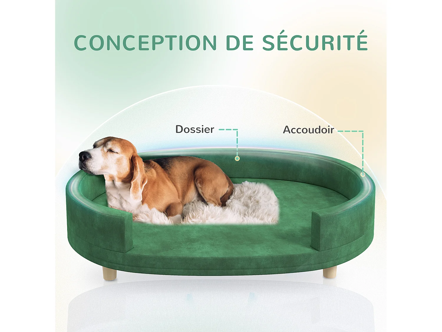 Canapé chien style nordique grande taille dim. 100L x 70l x 25H cm  - coussin amovible - piètement bois velours vert
