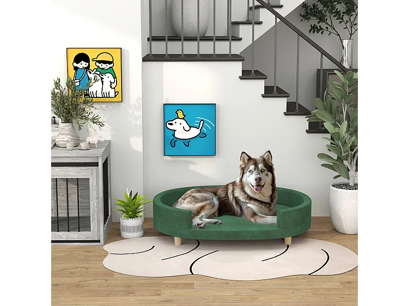 Canapé chien style nordique grande taille dim. 100L x 70l x 25H cm  - coussin amovible - piètement bois velours vert