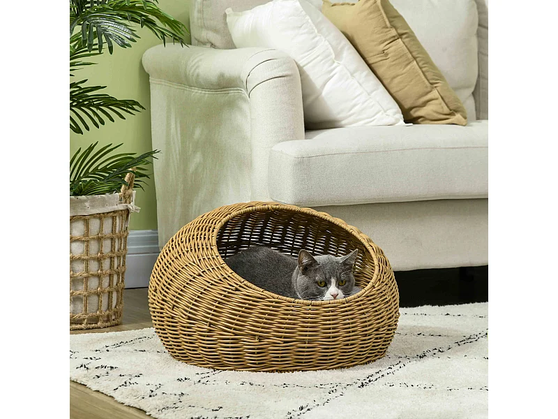 Niche pour chat lit pour chat panier de chat en résine tressée imitation rotin coussin doux déhoussable Ø 50 x 31H cm marron clair