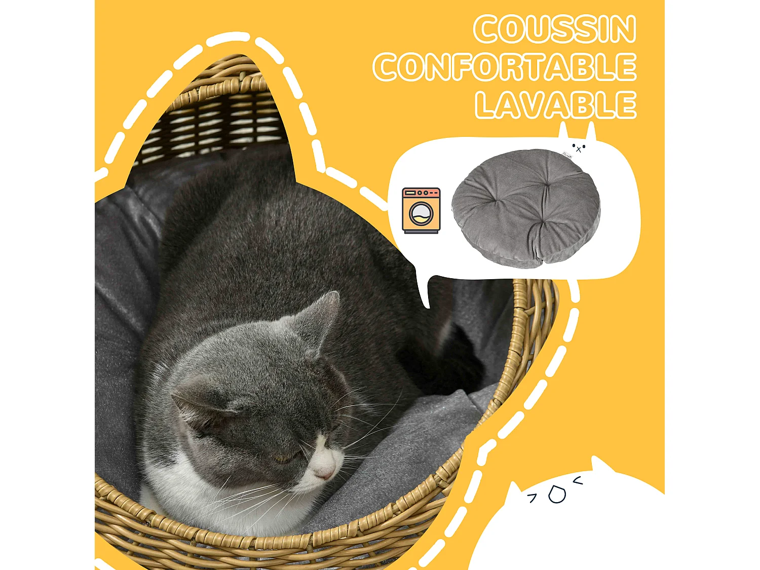 Niche pour chat lit pour chat panier de chat en résine tressée imitation rotin coussin doux déhoussable Ø 50 x 31H cm marron clair