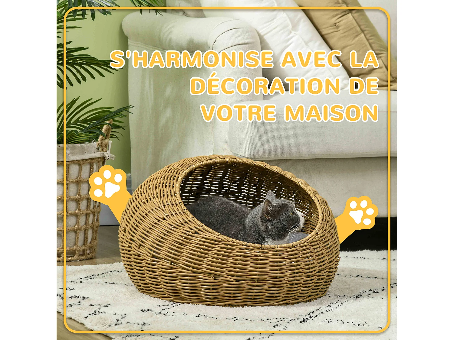 Niche pour chat lit pour chat panier de chat en résine tressée imitation rotin coussin doux déhoussable Ø 50 x 31H cm marron clair