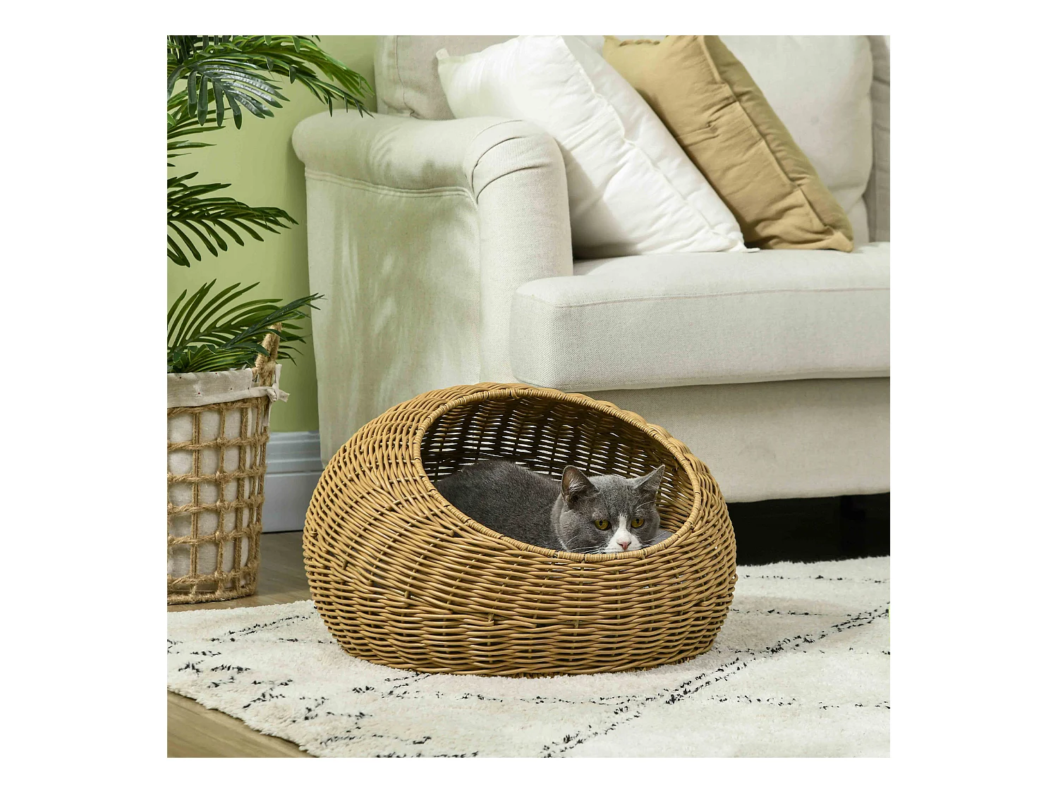 Niche pour chat lit pour chat panier de chat en résine tressée imitation rotin coussin doux déhoussable Ø 50 x 31H cm marron clair