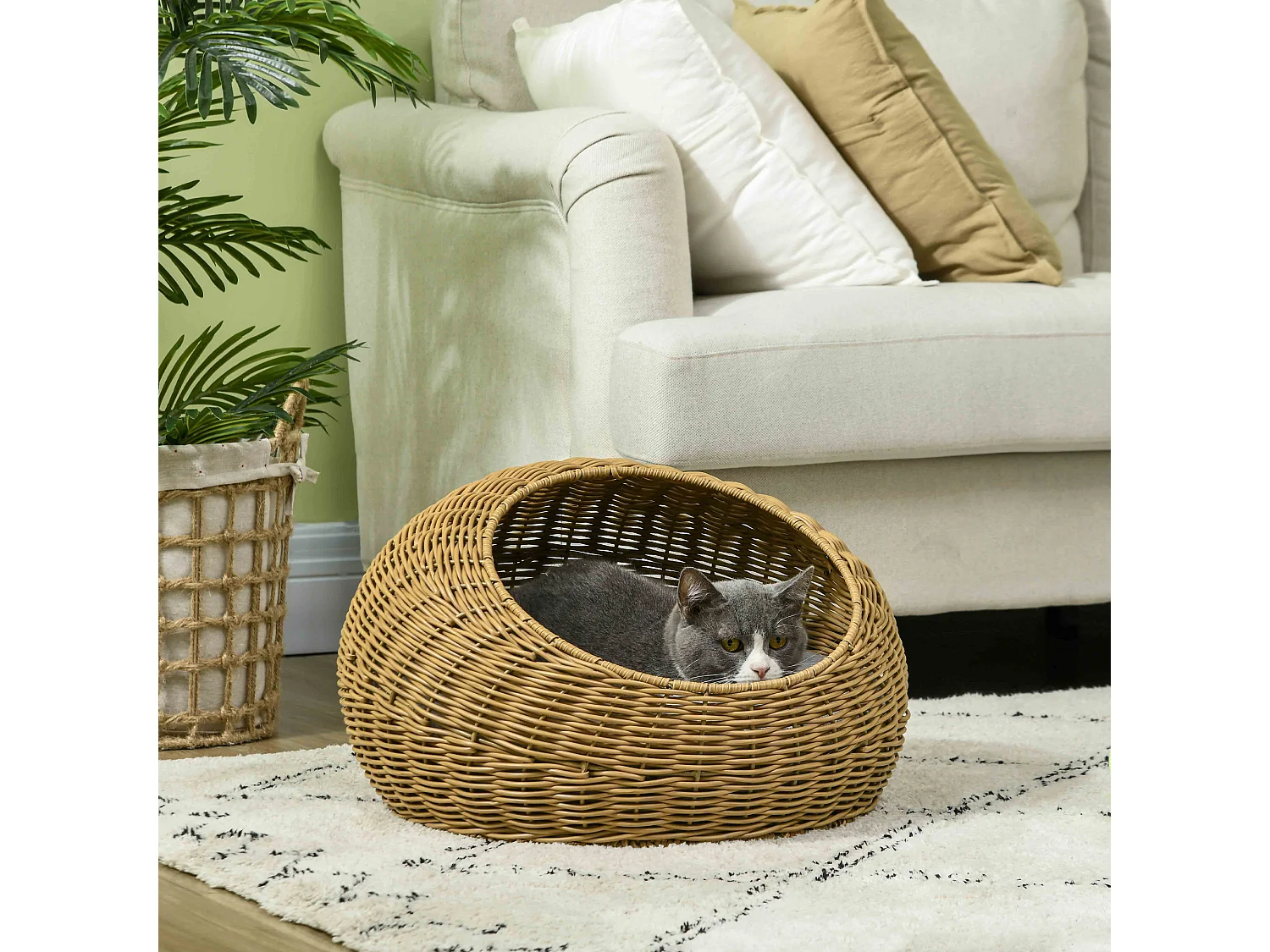 Niche pour chat lit pour chat panier de chat en résine tressée imitation rotin coussin doux déhoussable Ø 50 x 31H cm marron clair