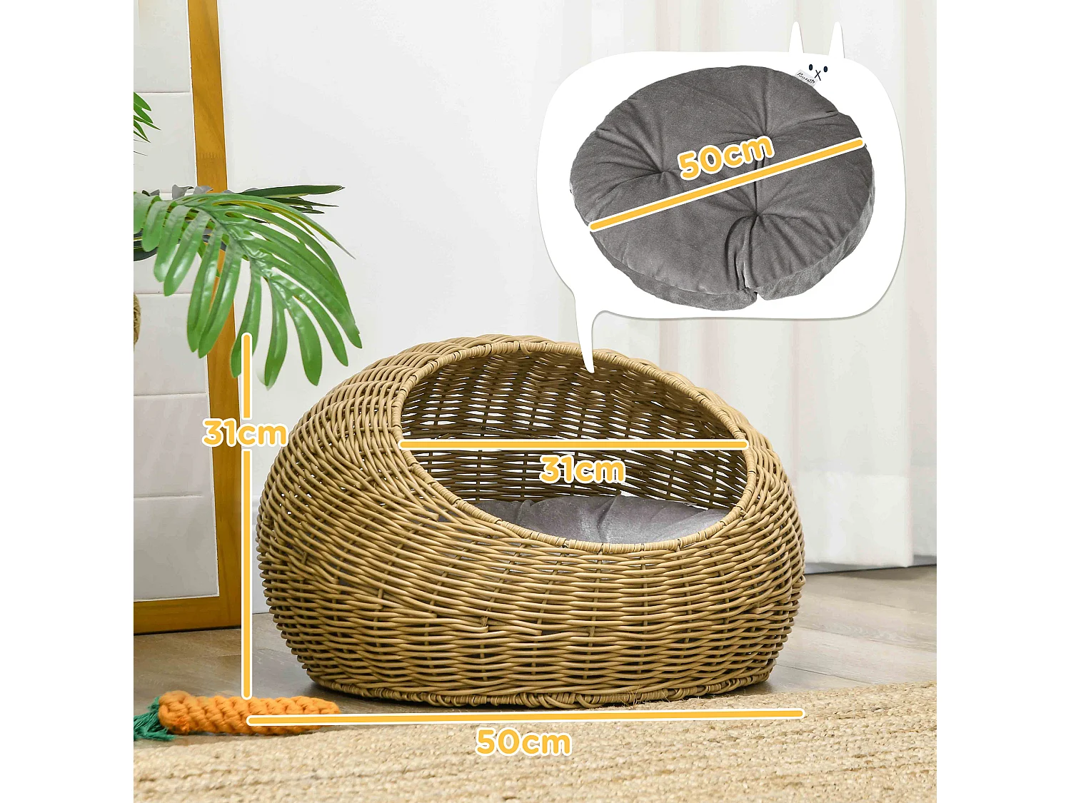Niche pour chat lit pour chat panier de chat en résine tressée imitation rotin coussin doux déhoussable Ø 50 x 31H cm marron clair
