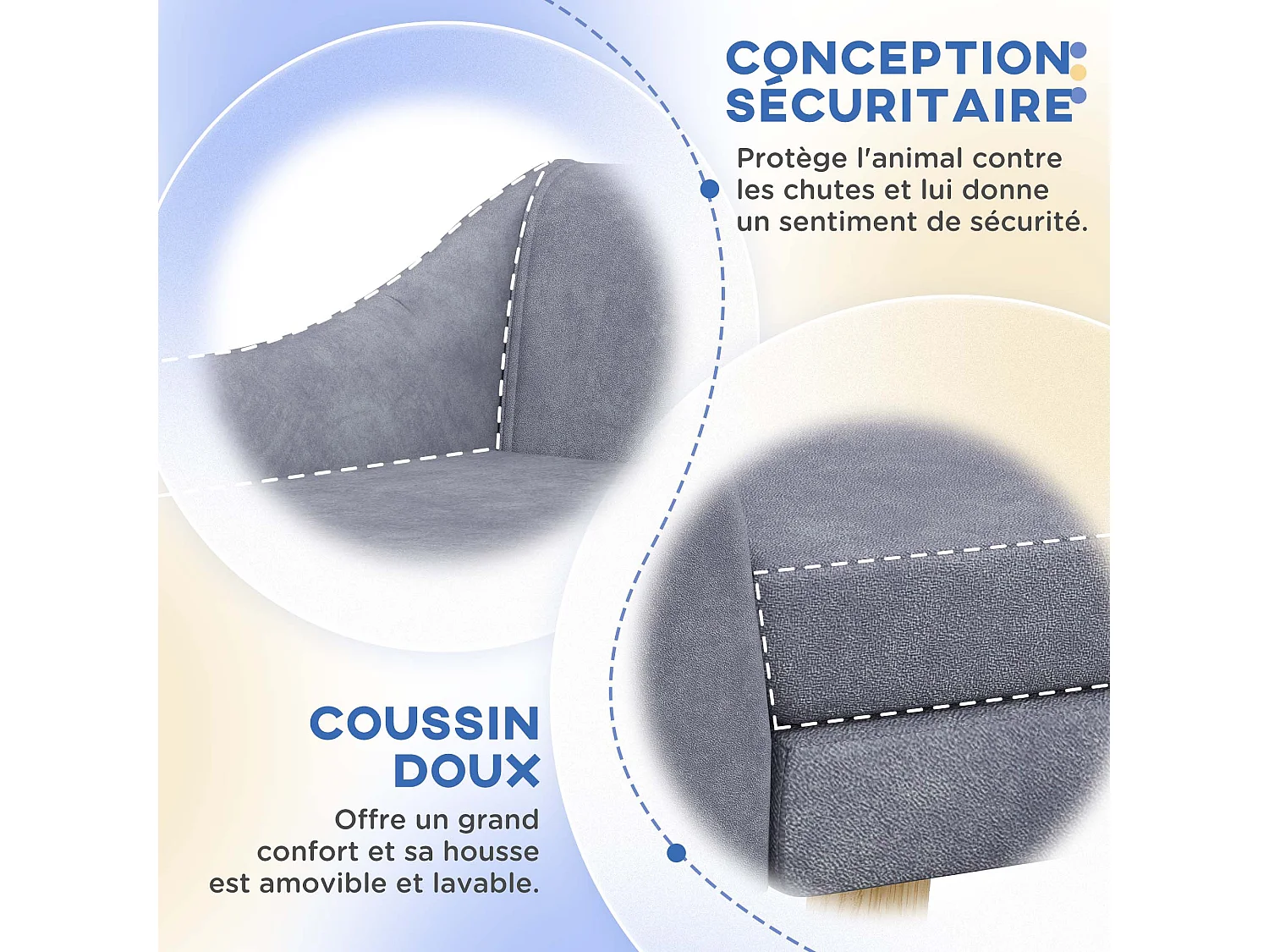 Canapé chien lit pour chien design scandinave - coussin moelleux déhoussable, pieds bois - velours gris