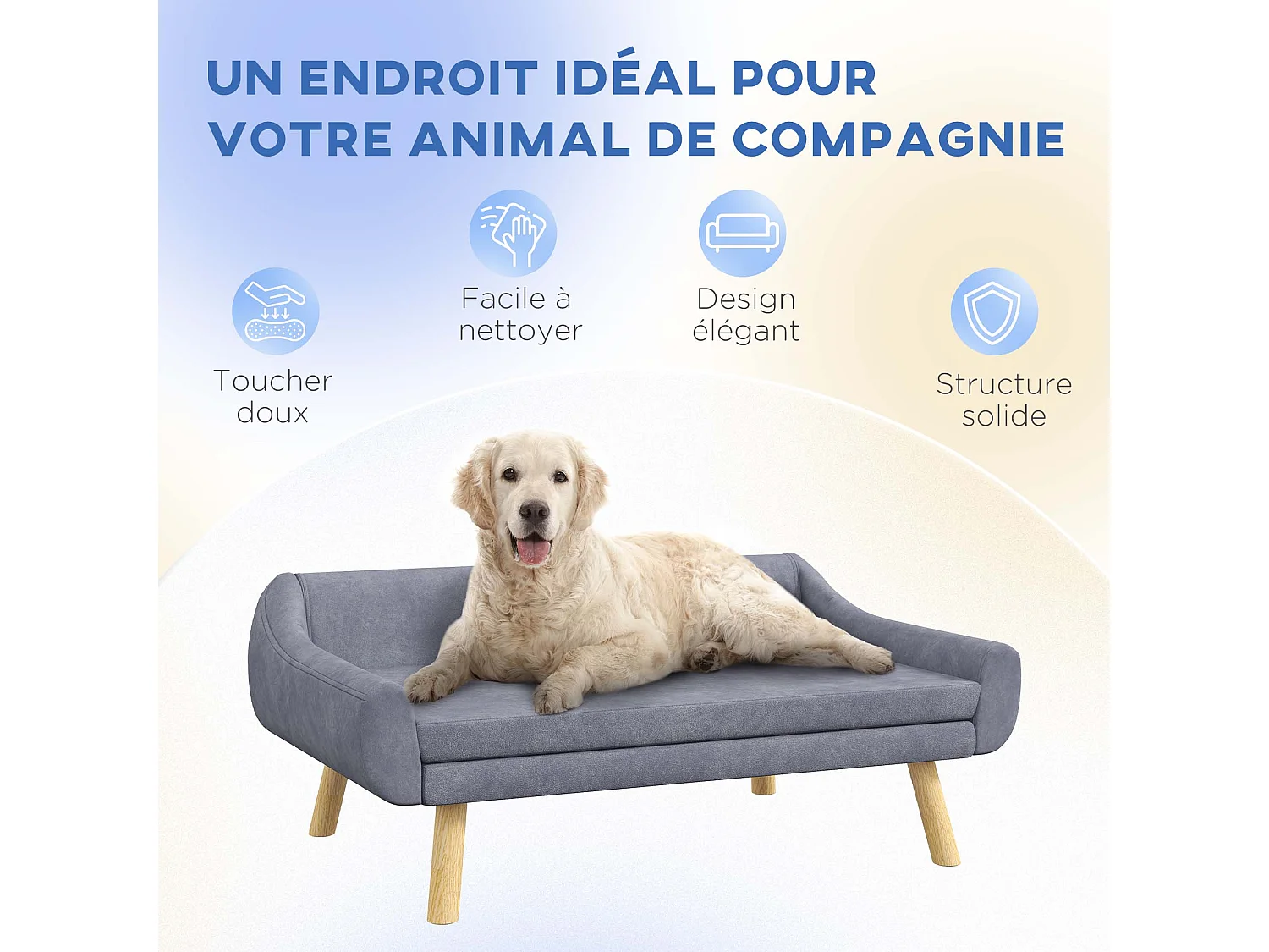 Canapé chien lit pour chien design scandinave - coussin moelleux déhoussable, pieds bois - velours gris
