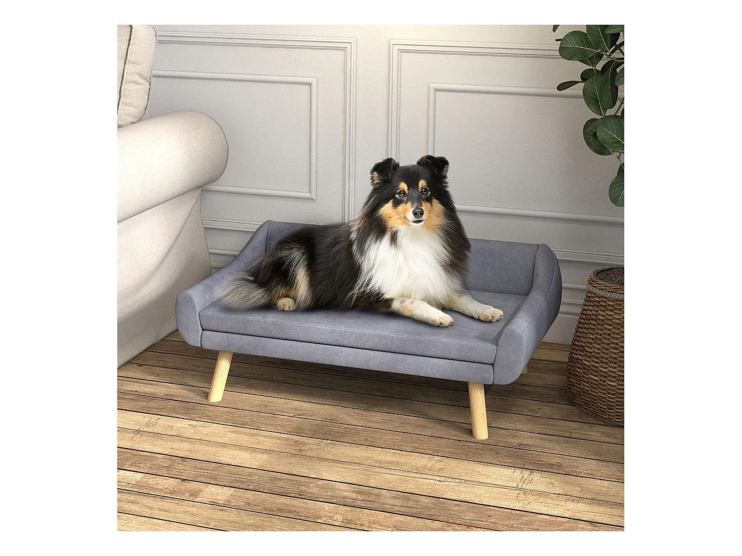 Canapé chien lit pour chien design scandinave - coussin moelleux déhoussable, pieds bois - velours gris