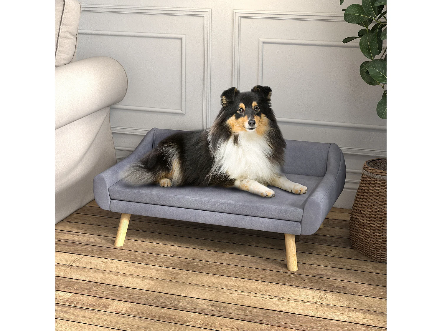 Canapé chien lit pour chien design scandinave - coussin moelleux déhoussable, pieds bois - velours gris