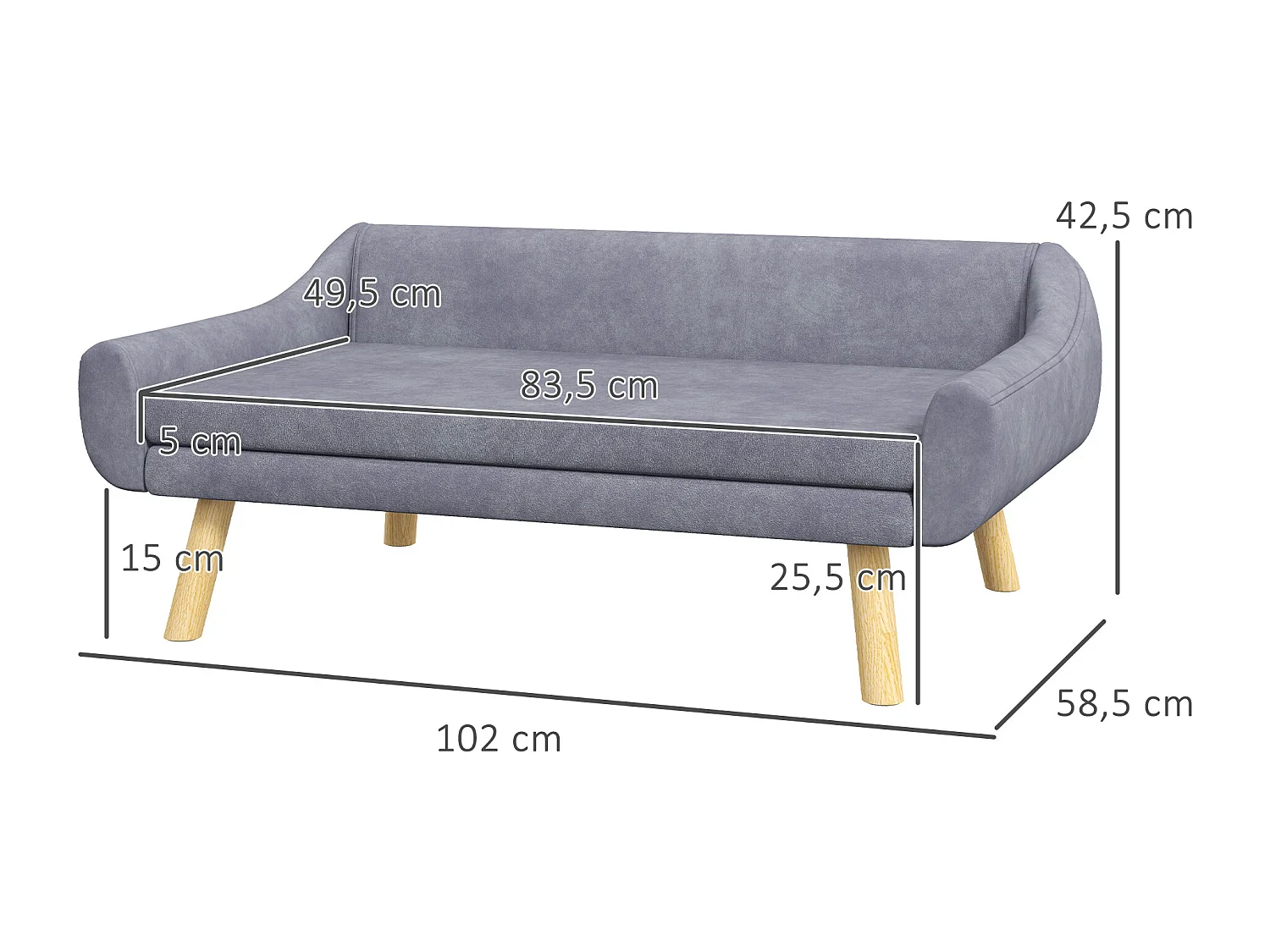 Canapé chien lit pour chien design scandinave - coussin moelleux déhoussable, pieds bois - velours gris