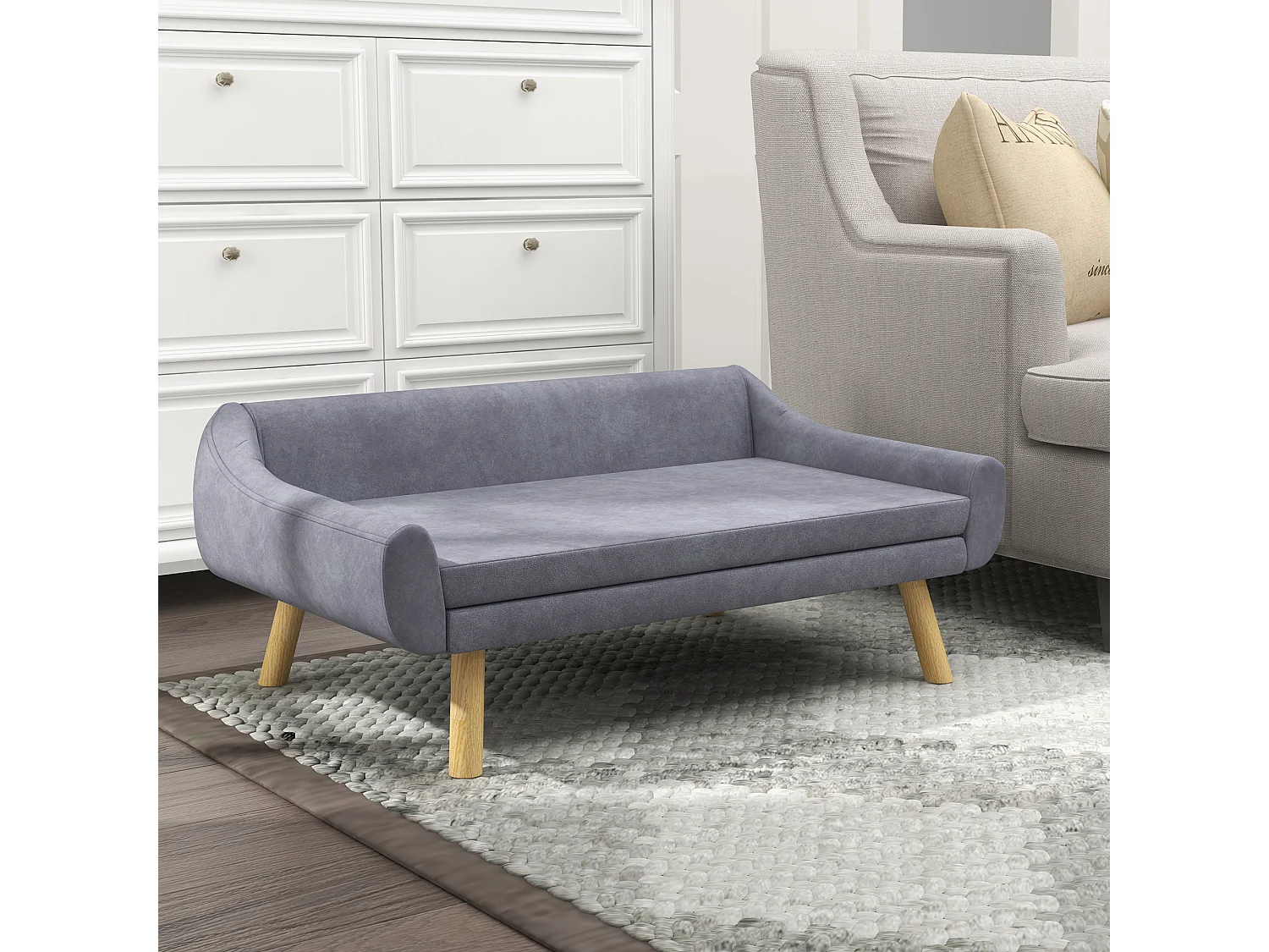 Canapé chien lit pour chien design scandinave - coussin moelleux déhoussable, pieds bois - velours gris