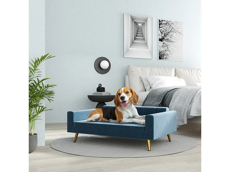 Canapé chien style art déco - dim. 94L x 59l x 31H cm - coussin amovible déhoussable - acier doré velours bleu