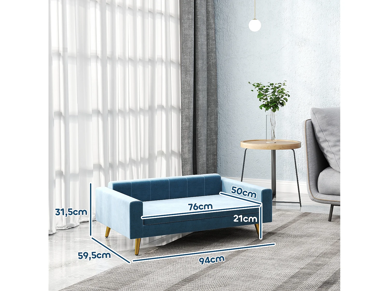 Canapé chien style art déco - dim. 94L x 59l x 31H cm - coussin amovible déhoussable - acier doré velours bleu