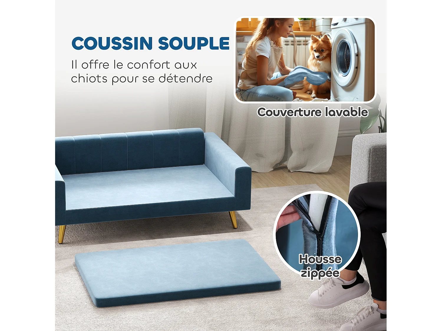 Canapé chien style art déco - dim. 94L x 59l x 31H cm - coussin amovible déhoussable - acier doré velours bleu