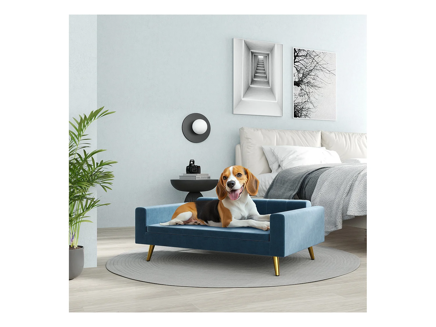 Canapé chien style art déco - dim. 94L x 59l x 31H cm - coussin amovible déhoussable - acier doré velours bleu