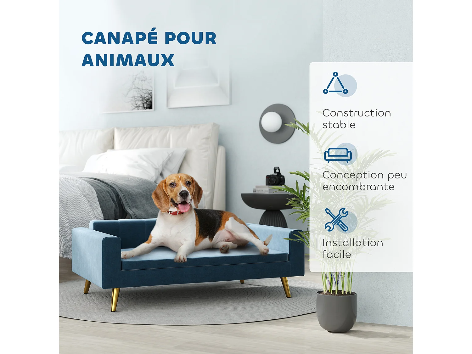 Canapé chien style art déco - dim. 94L x 59l x 31H cm - coussin amovible déhoussable - acier doré velours bleu