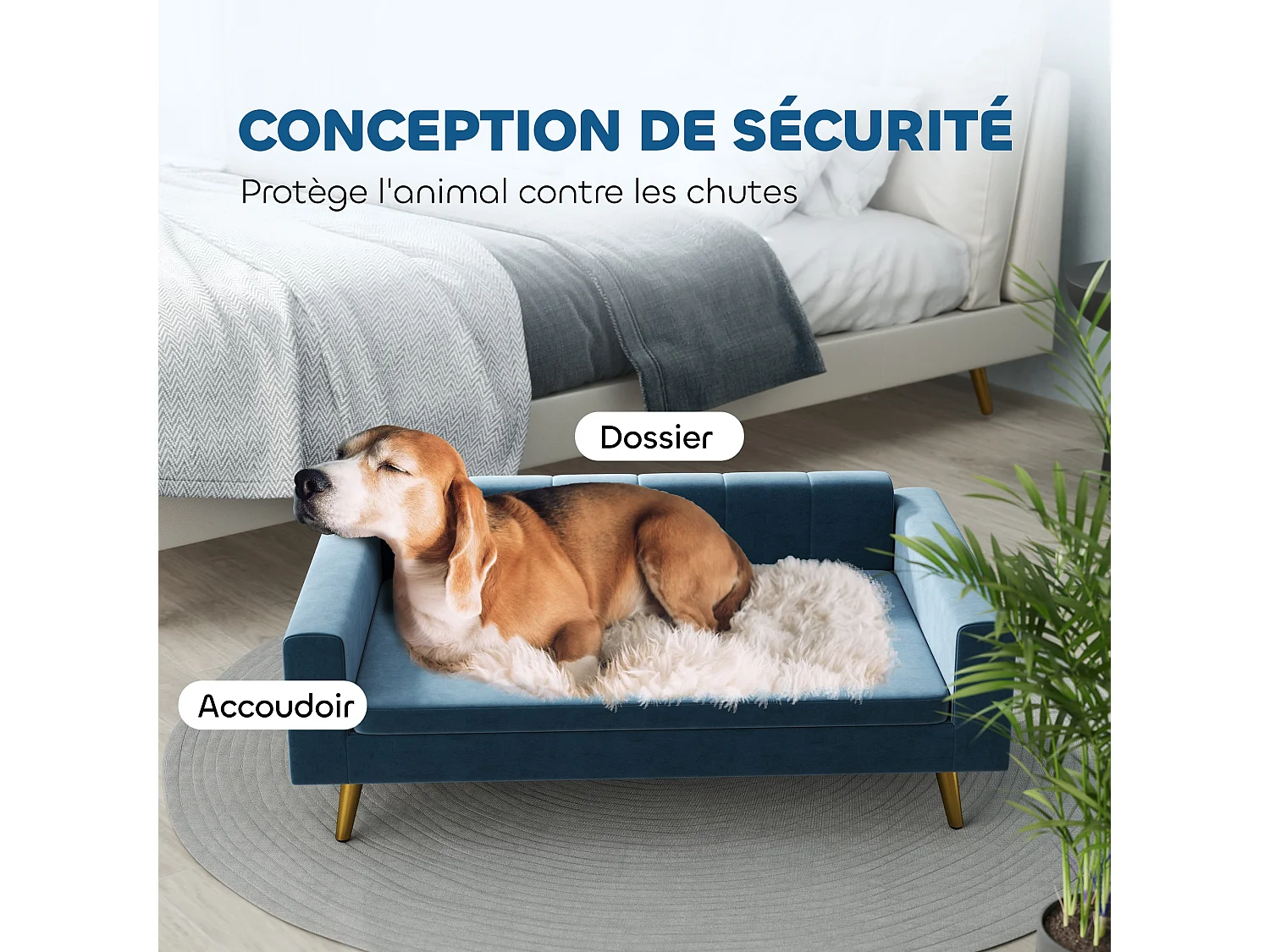 Canapé chien style art déco - dim. 94L x 59l x 31H cm - coussin amovible déhoussable - acier doré velours bleu