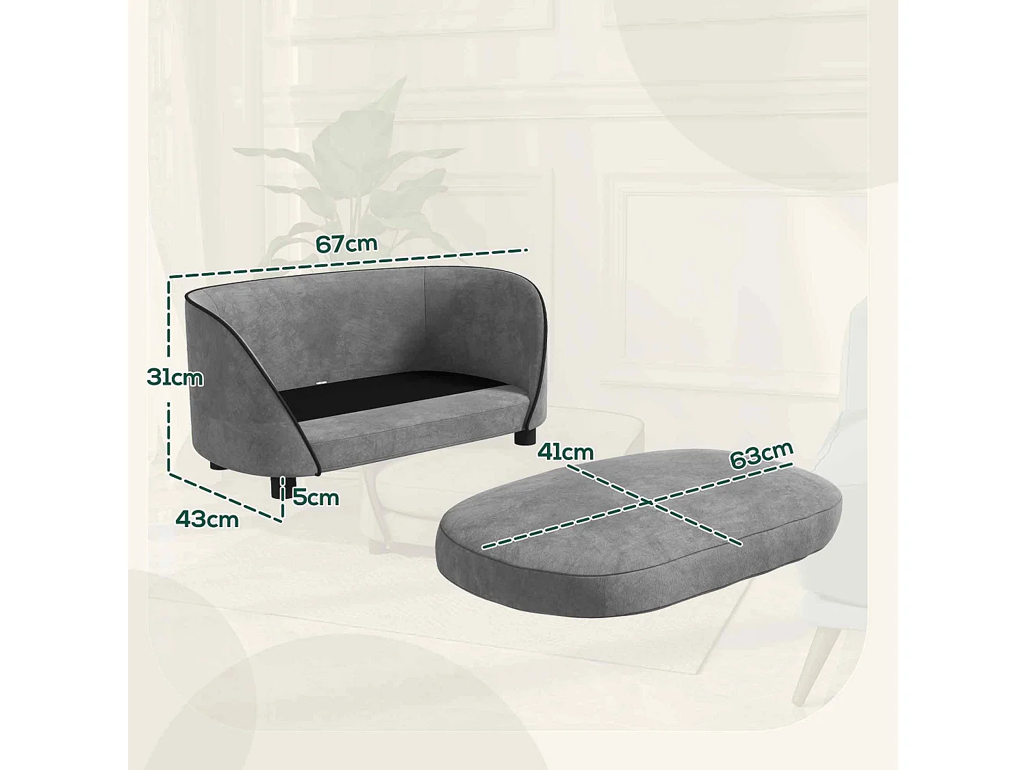 Canapé pour chien design - coussin déhoussable - dim. 67L x 43l x 31H cm - velours gris