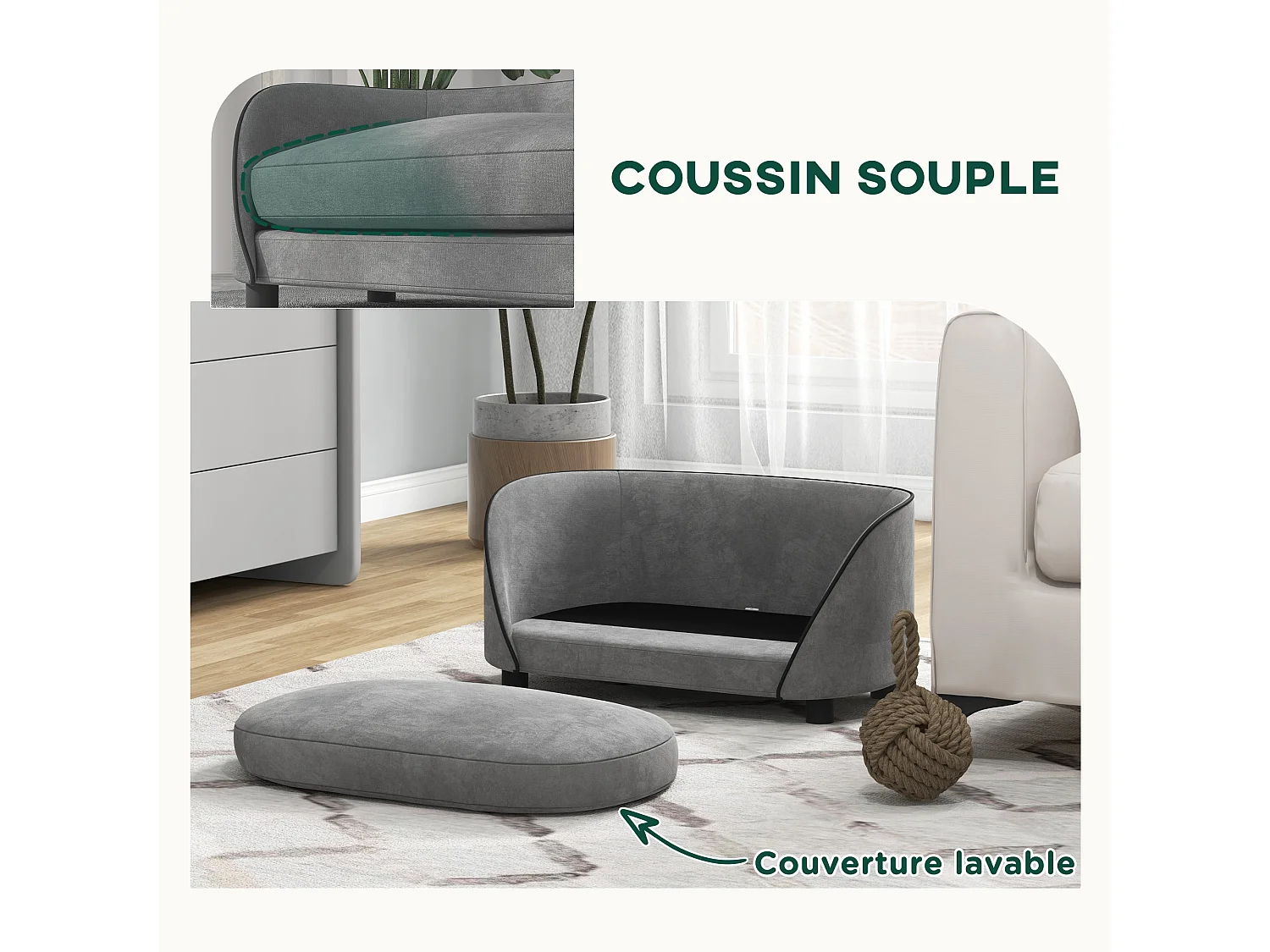 Canapé pour chien design - coussin déhoussable - dim. 67L x 43l x 31H cm - velours gris