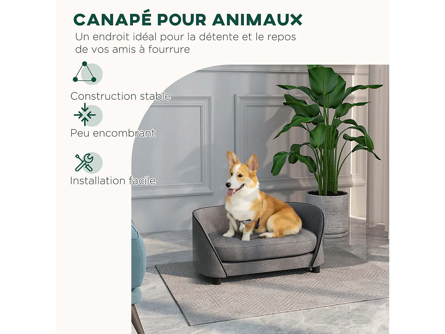 Canapé pour chien design - coussin déhoussable - dim. 67L x 43l x 31H cm - velours gris