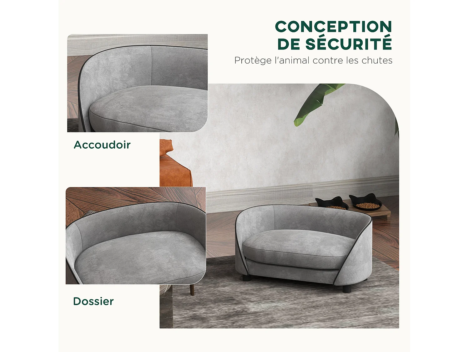 Canapé pour chien design - coussin déhoussable - dim. 67L x 43l x 31H cm - velours gris
