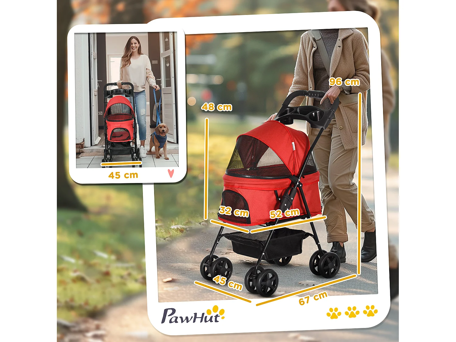 Poussette buggy pliable chien chat panier rangement porte-gobelets tissu 300D Oxford imperméable 4 roues rouge