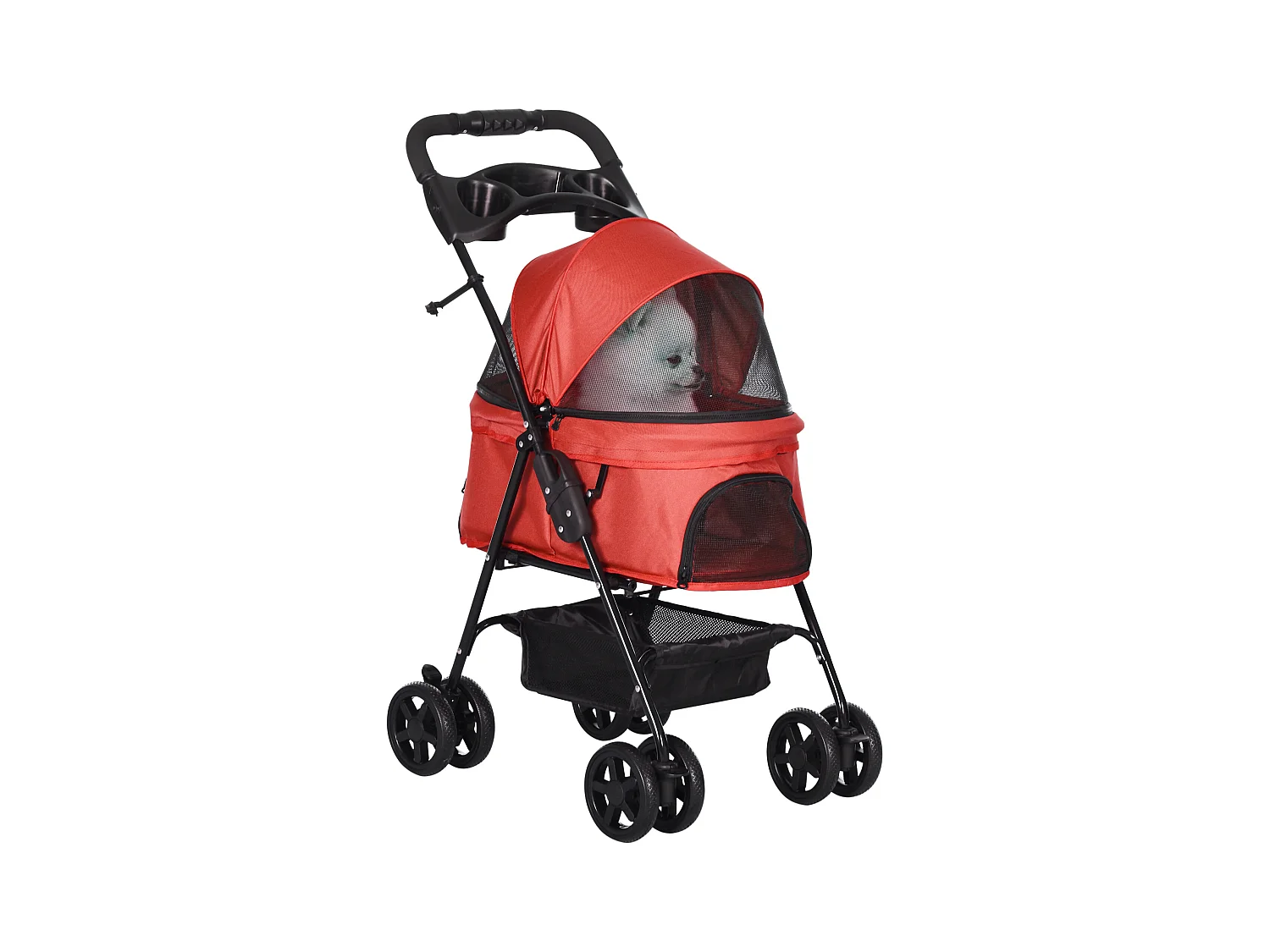 Poussette buggy pliable chien chat panier rangement porte-gobelets tissu 300D Oxford imperméable 4 roues rouge
