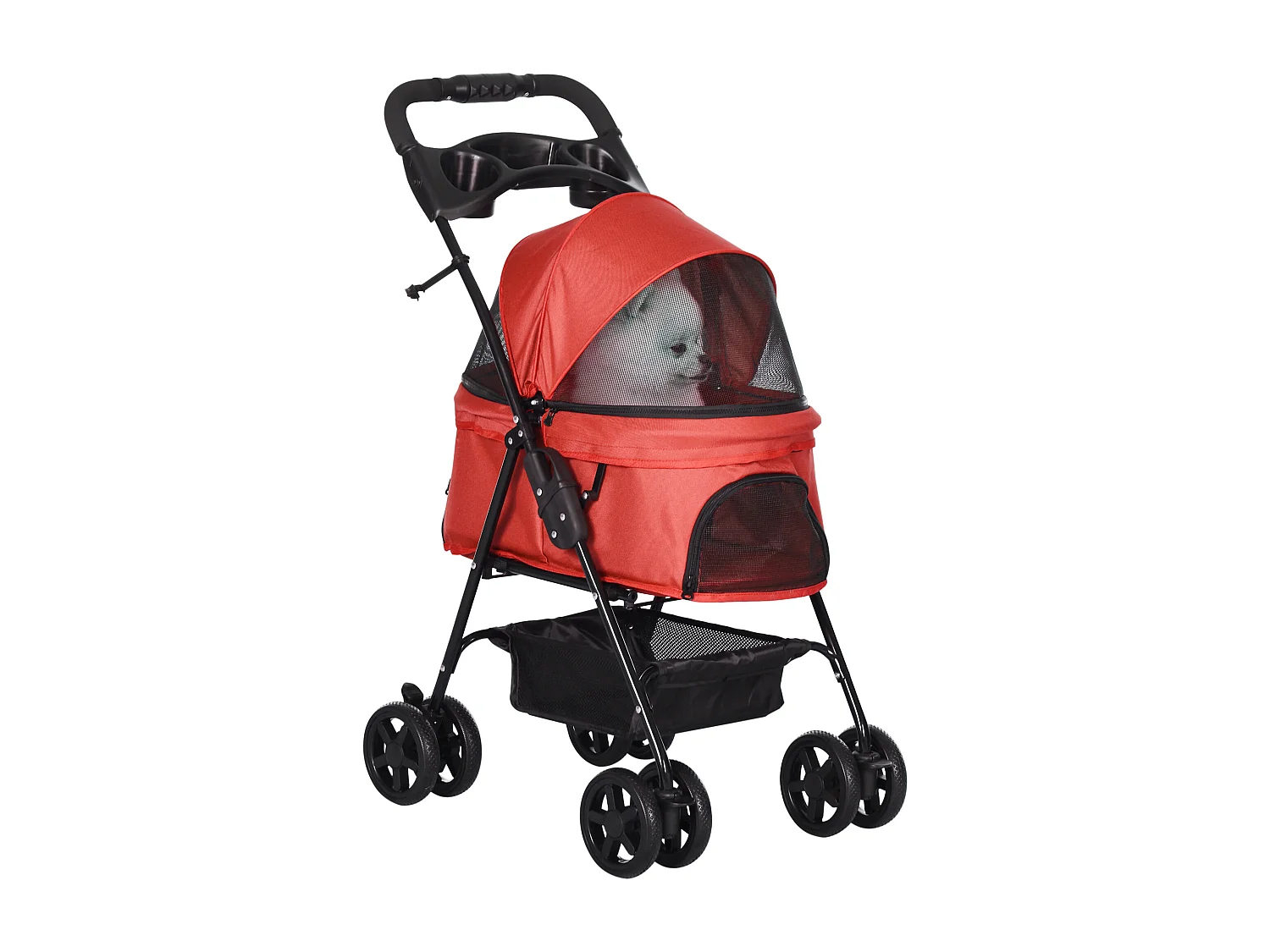 Poussette buggy pliable chien chat panier rangement porte-gobelets tissu 300D Oxford imperméable 4 roues rouge