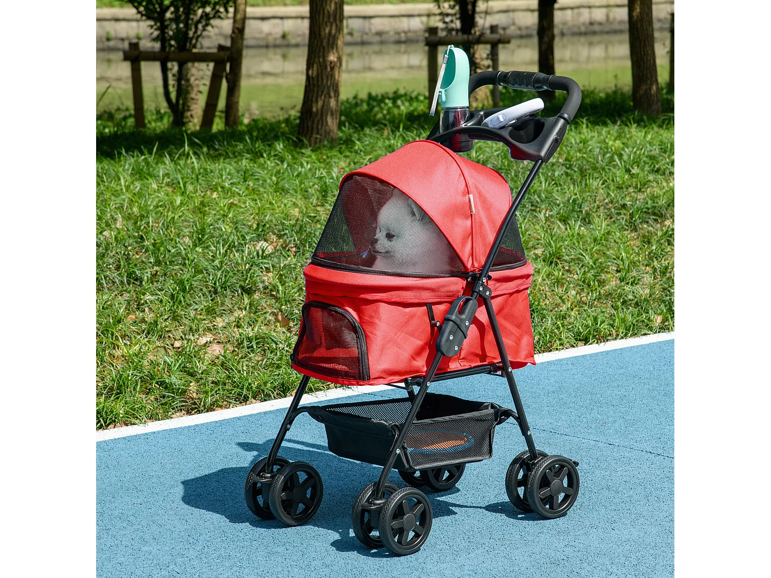 Poussette buggy pliable chien chat panier rangement porte-gobelets tissu 300D Oxford imperméable 4 roues rouge