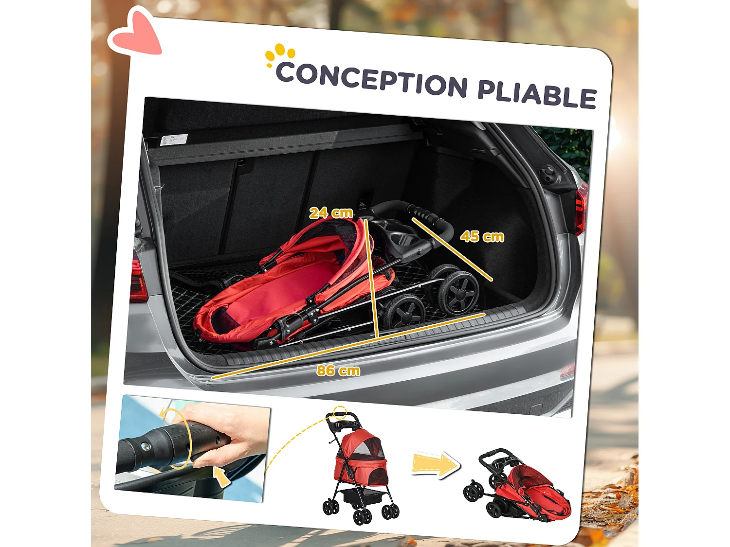 Poussette buggy pliable chien chat panier rangement porte-gobelets tissu 300D Oxford imperméable 4 roues rouge