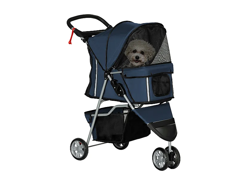 Poussette buggy pliable chien chat - porte-gobelet, panier rangement intégré - acier oxford bleu marine