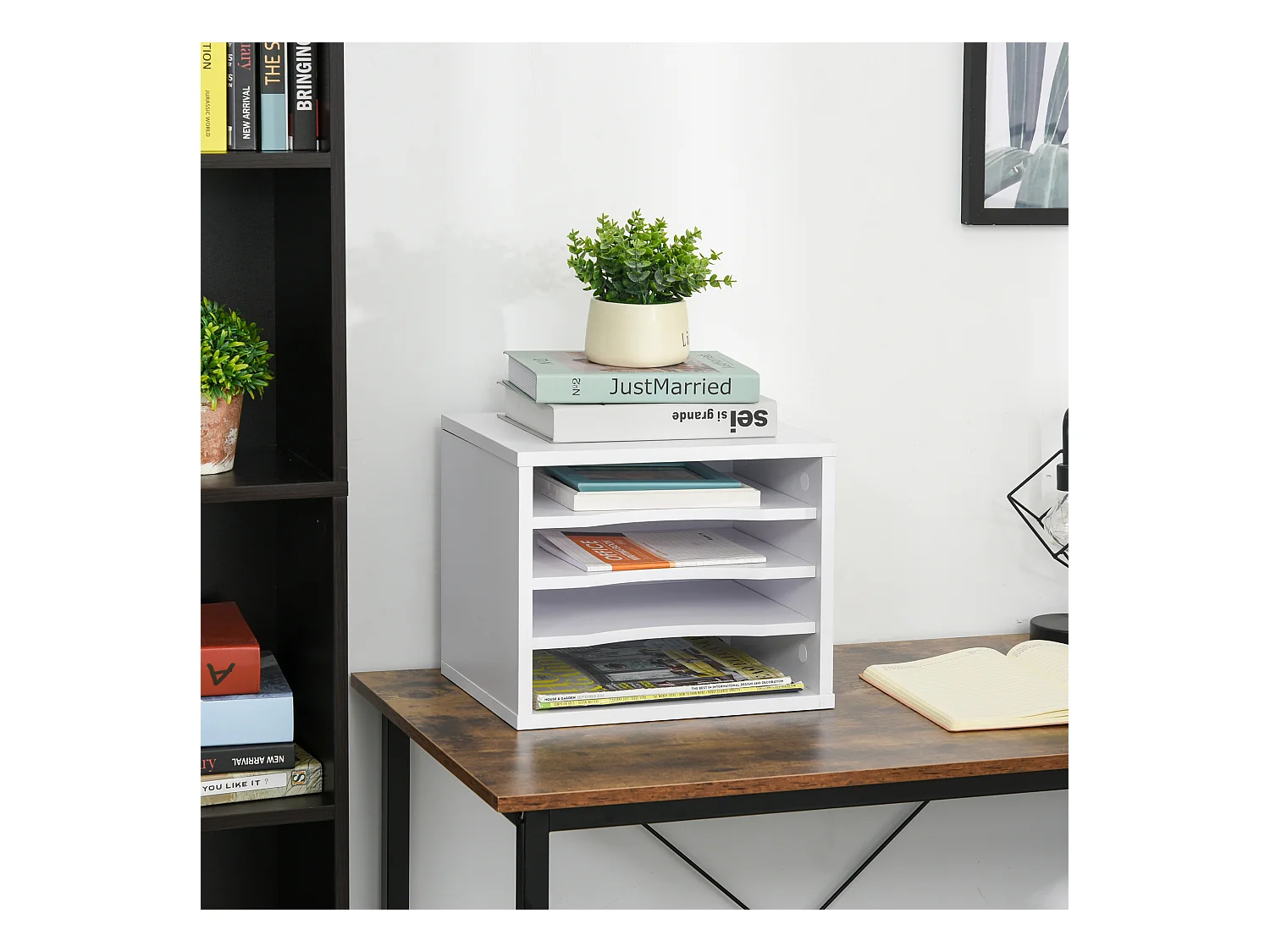 Organiseur bureau bois blanc avec 4 couches fournitures support d'imprimante dim. 35,5L x 25l x 28,6H cm