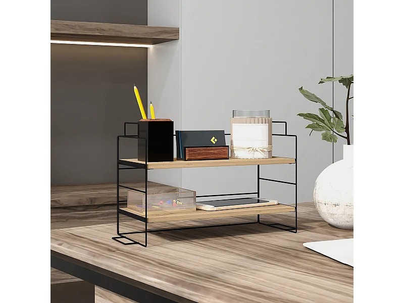 Organisateur de bureau, étagère de rangement de bureau à 2 niveaux, 42l x 16,5P x 24,5H cm, étagère en bois et structure métal noir