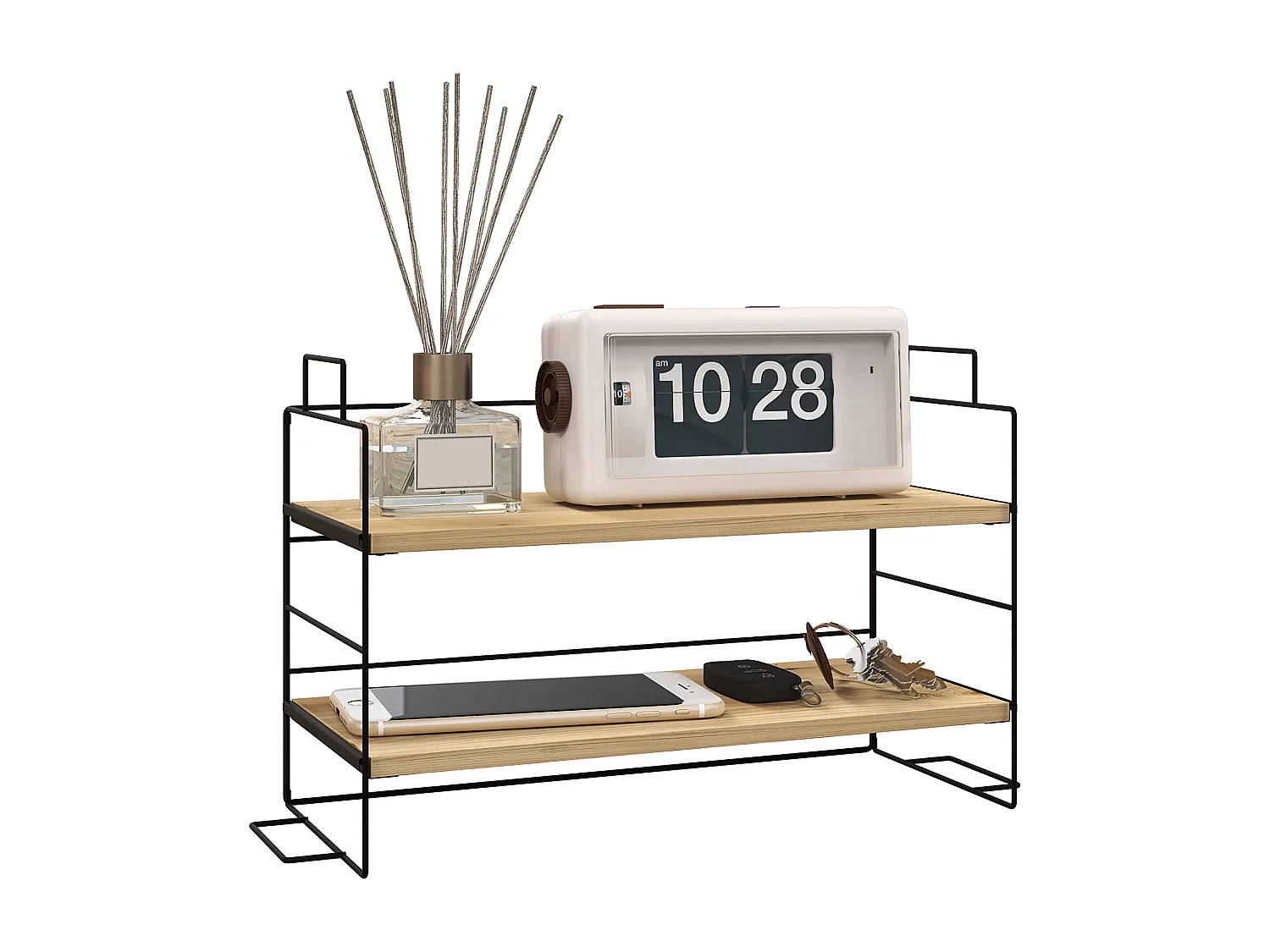 Organisateur de bureau, étagère de rangement de bureau à 2 niveaux, 42l x 16,5P x 24,5H cm, étagère en bois et structure métal noir