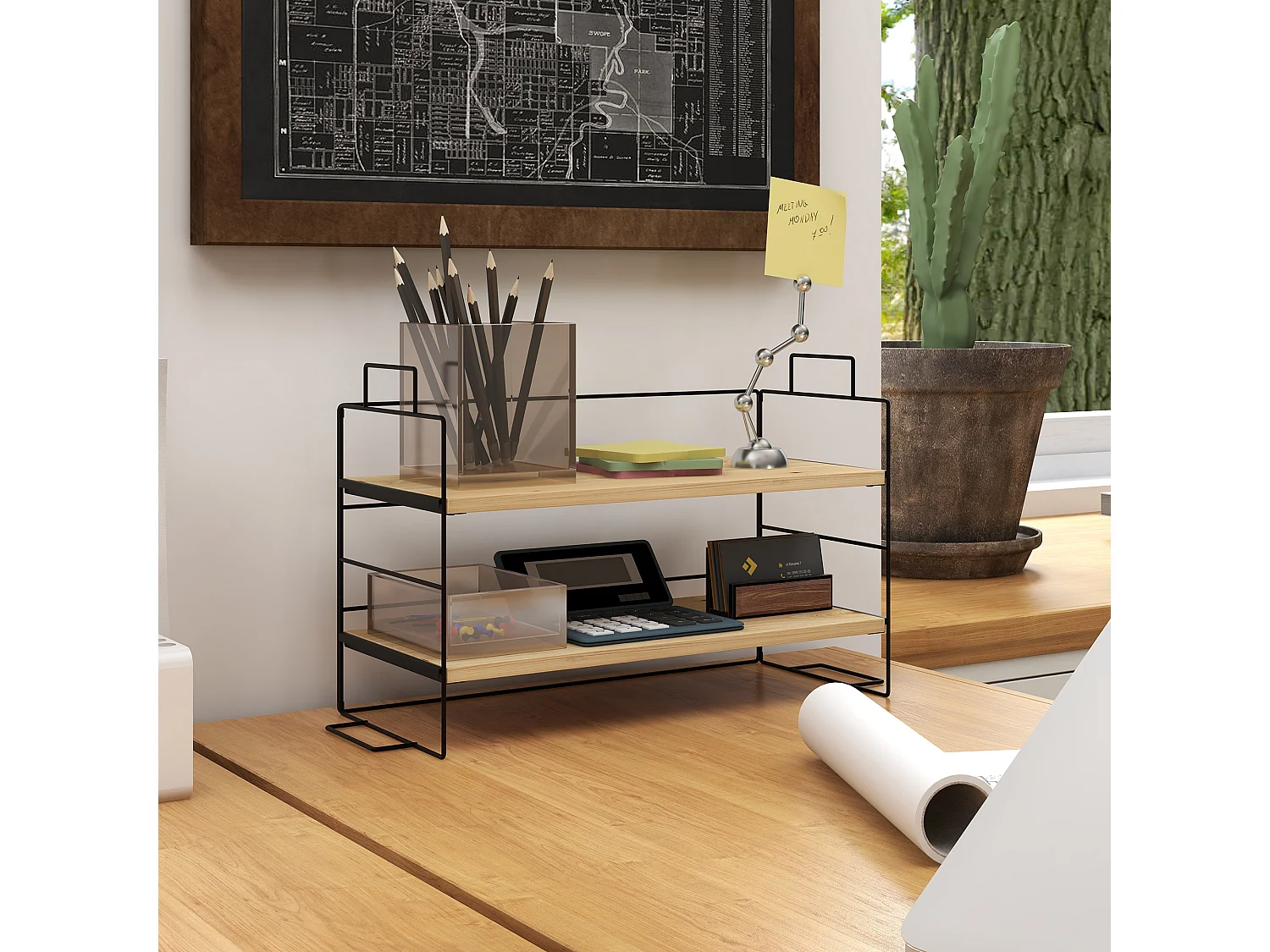Organisateur de bureau, étagère de rangement de bureau à 2 niveaux, 42l x 16,5P x 24,5H cm, étagère en bois et structure métal noir