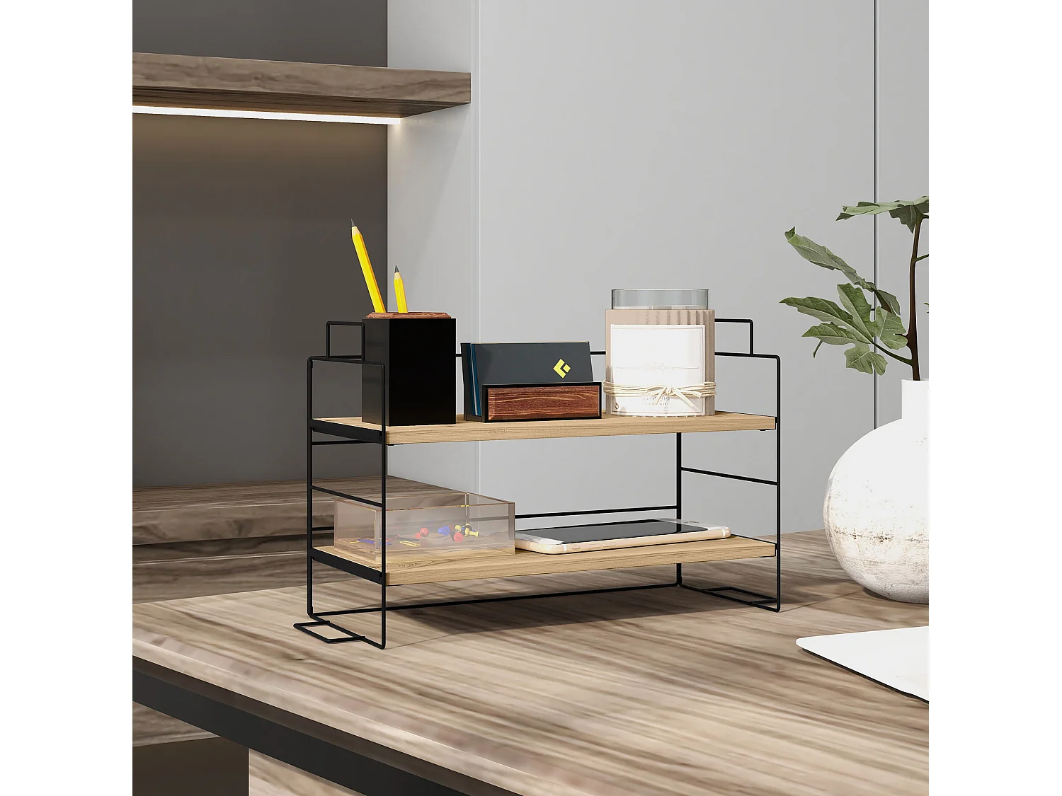 Organisateur de bureau, étagère de rangement de bureau à 2 niveaux, 42l x 16,5P x 24,5H cm, étagère en bois et structure métal noir