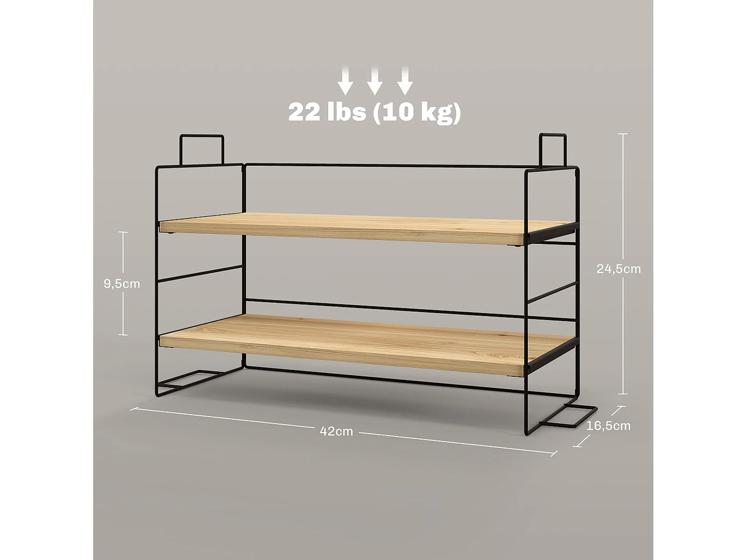Organisateur de bureau, étagère de rangement de bureau à 2 niveaux, 42l x 16,5P x 24,5H cm, étagère en bois et structure métal noir