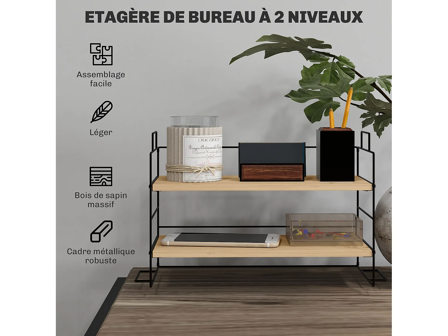 Organisateur de bureau, étagère de rangement de bureau à 2 niveaux, 42l x 16,5P x 24,5H cm, étagère en bois et structure métal noir