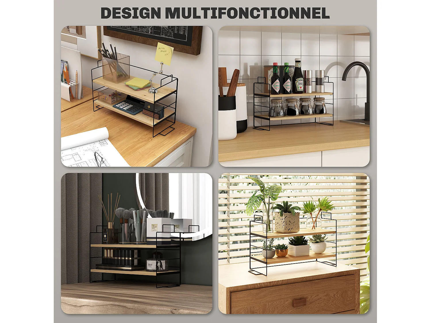 Organisateur de bureau, étagère de rangement de bureau à 2 niveaux, 42l x 16,5P x 24,5H cm, étagère en bois et structure métal noir