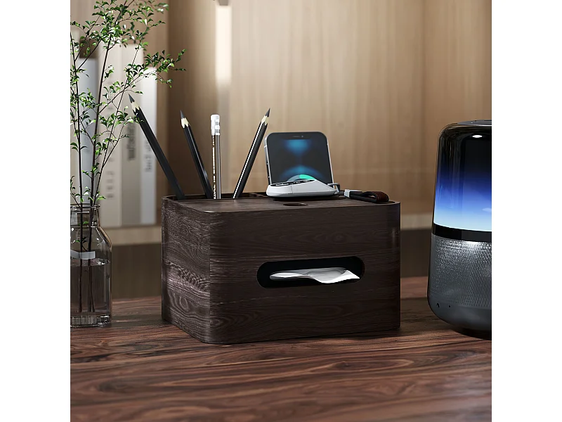 Organiseur de bureau rangement bureau - 2 compartiments, boîte à mouchoirs - aspect bois foncé