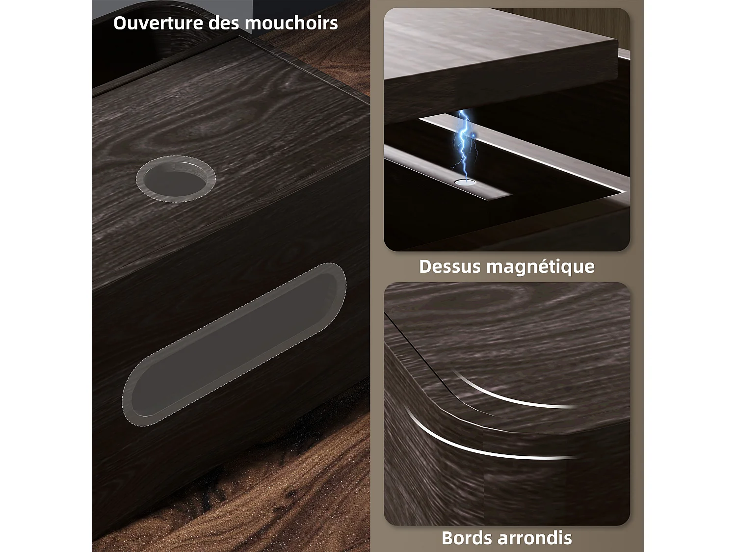 Organiseur de bureau rangement bureau - 2 compartiments, boîte à mouchoirs - aspect bois foncé
