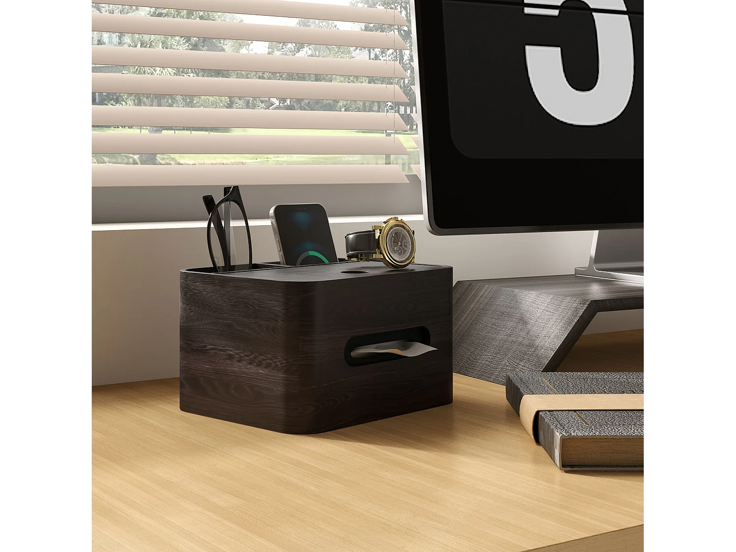 Organiseur de bureau rangement bureau - 2 compartiments, boîte à mouchoirs - aspect bois foncé