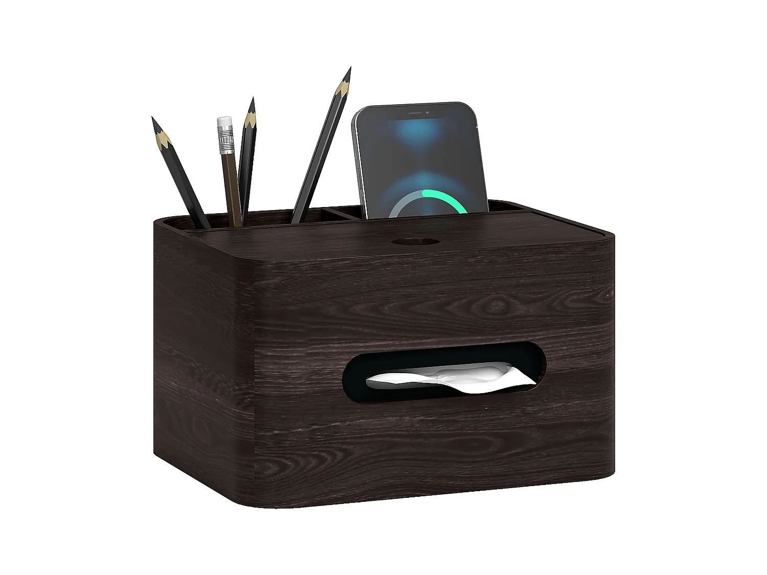 Organiseur de bureau rangement bureau - 2 compartiments, boîte à mouchoirs - aspect bois