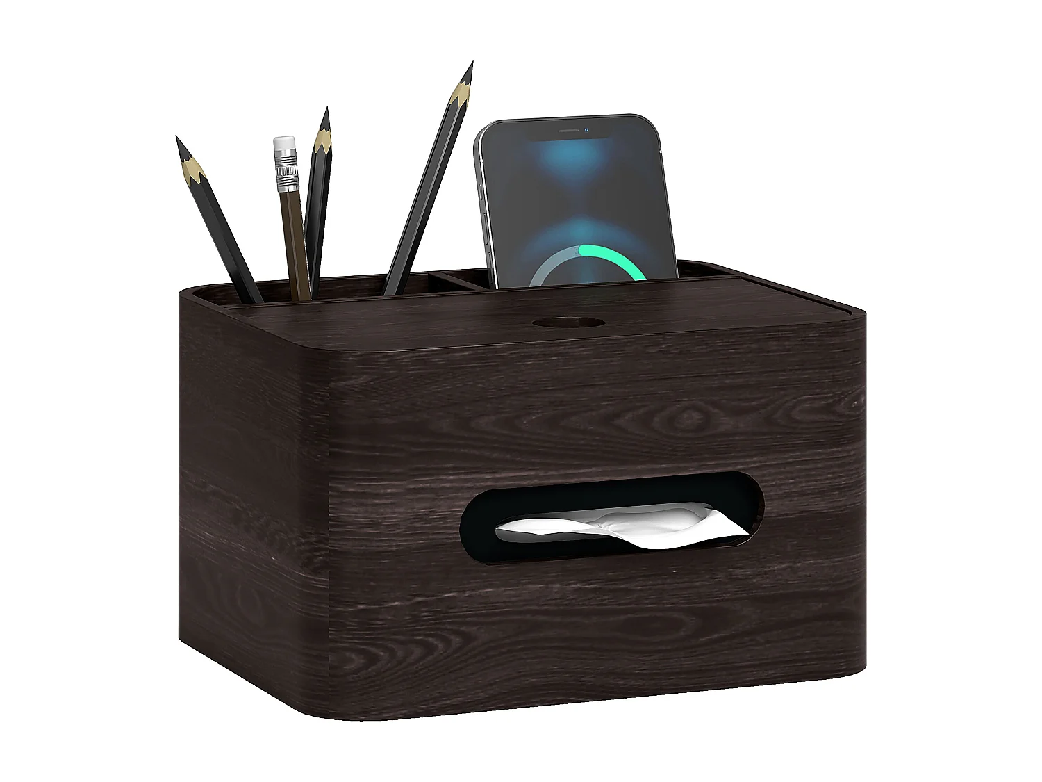 Organiseur de bureau rangement bureau - 2 compartiments, boîte à mouchoirs - aspect bois foncé