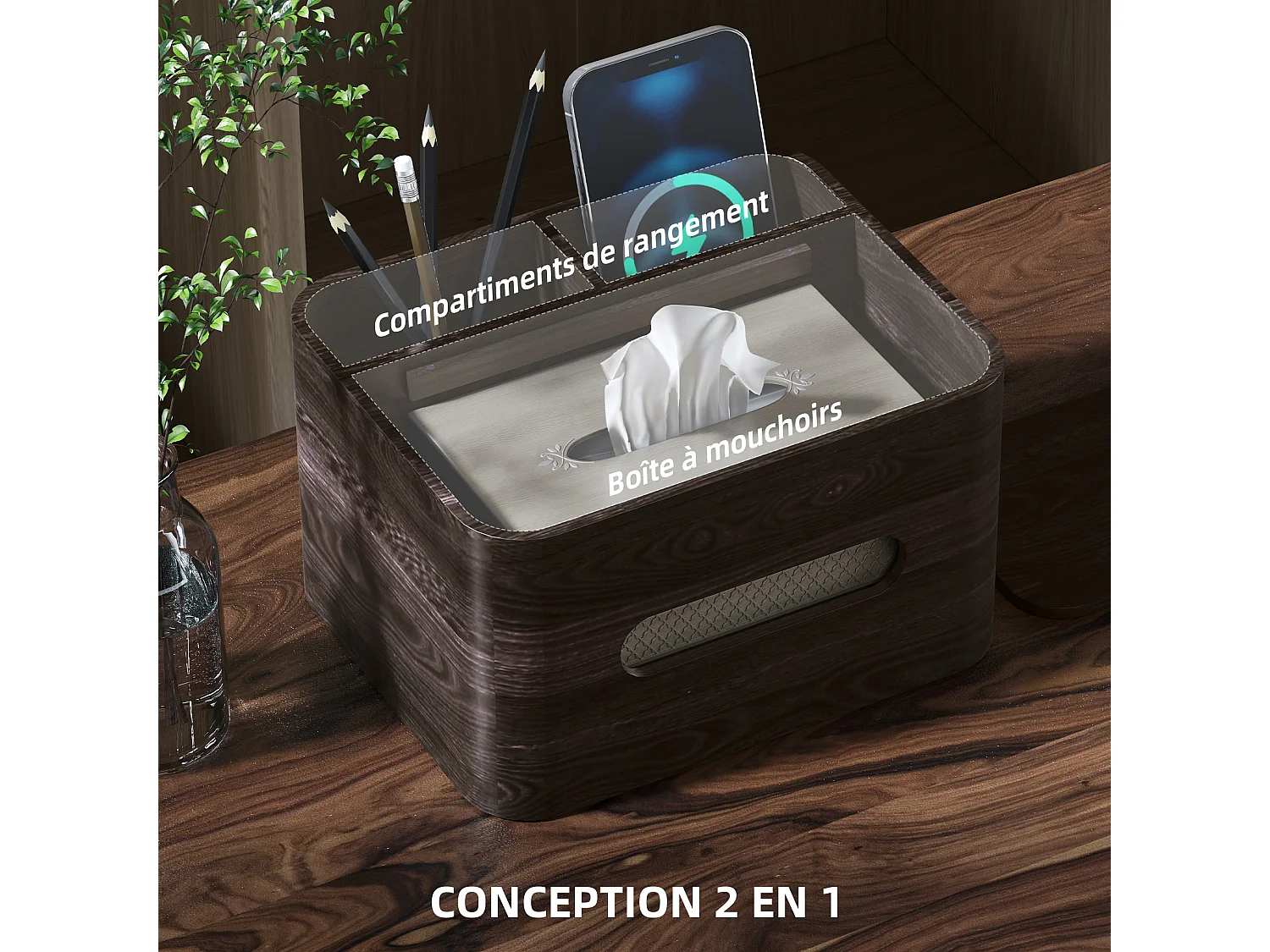 Organiseur de bureau rangement bureau - 2 compartiments, boîte à mouchoirs - aspect bois foncé