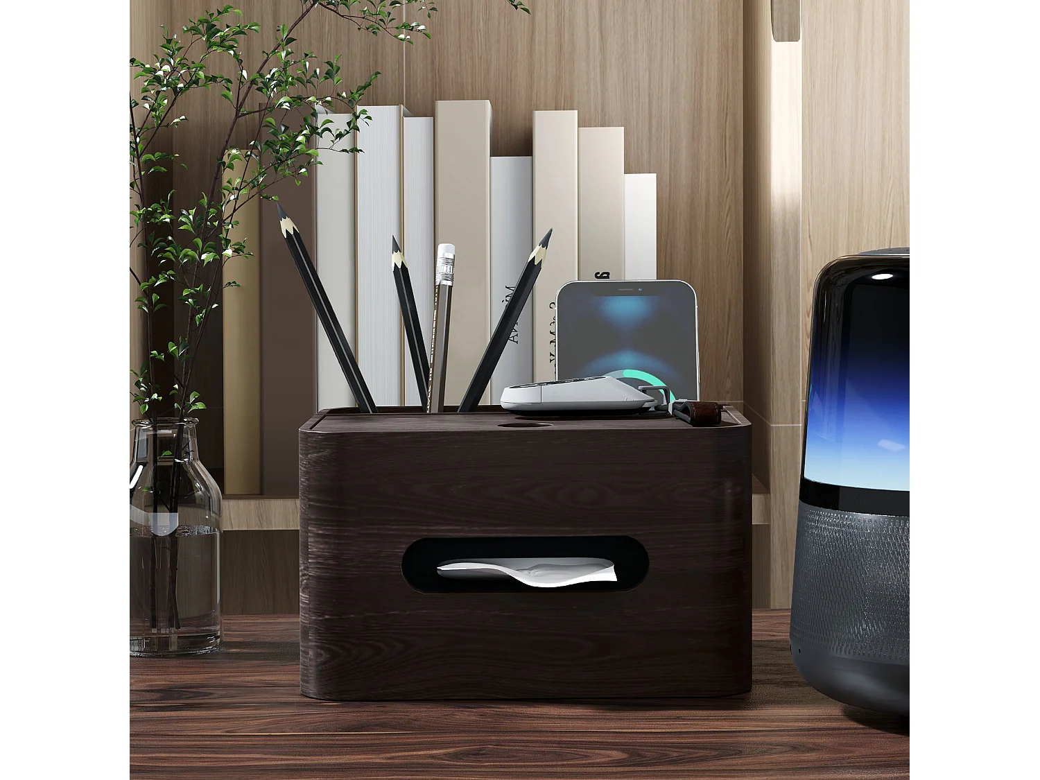 Organiseur de bureau rangement bureau - 2 compartiments, boîte à mouchoirs - aspect bois foncé