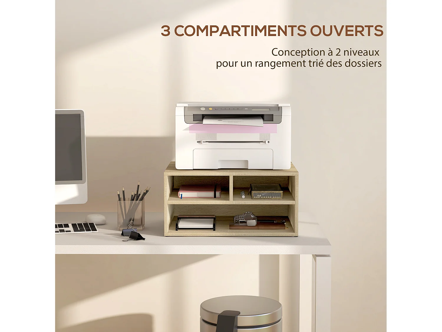 Organiseur de bureau 3 compartiments panneaux aspect chêne clair